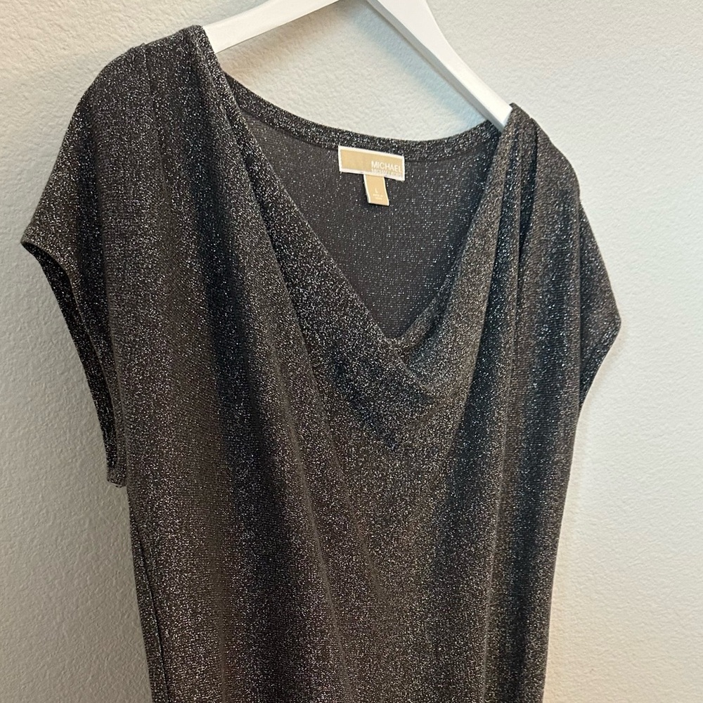 ☀️ MICHAEL KORS Grey Metallic, with Silver Shimmer, Drape Neck Top